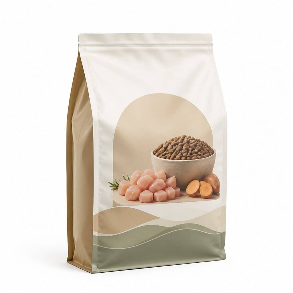 Croquettes chien naturelles au poulet sans additifs présenté seul